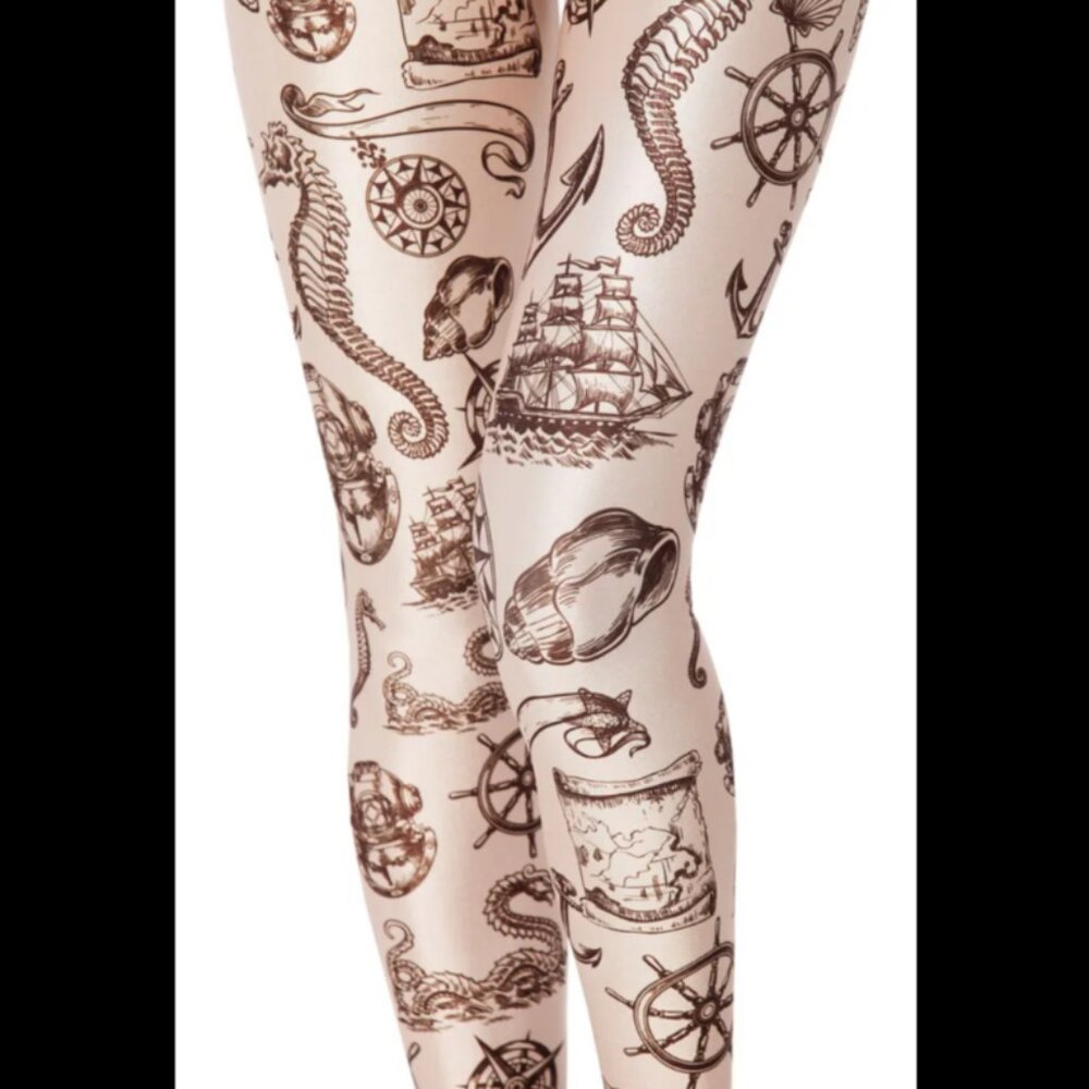 Nautical Print Sheer Tights - Beige with Brown Tattoo Motif